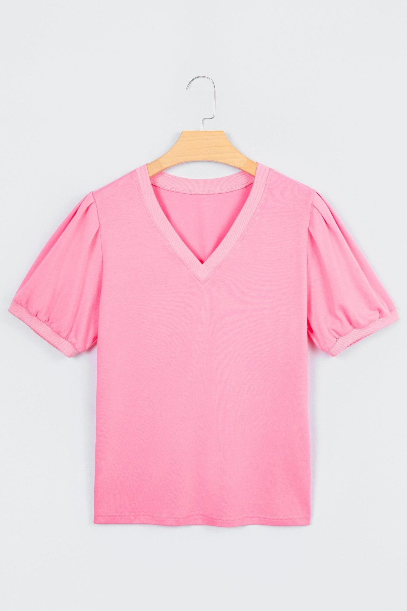 Solid V-Neck Short Puff Sleeve Blouse - Rooted & Reckless Co.