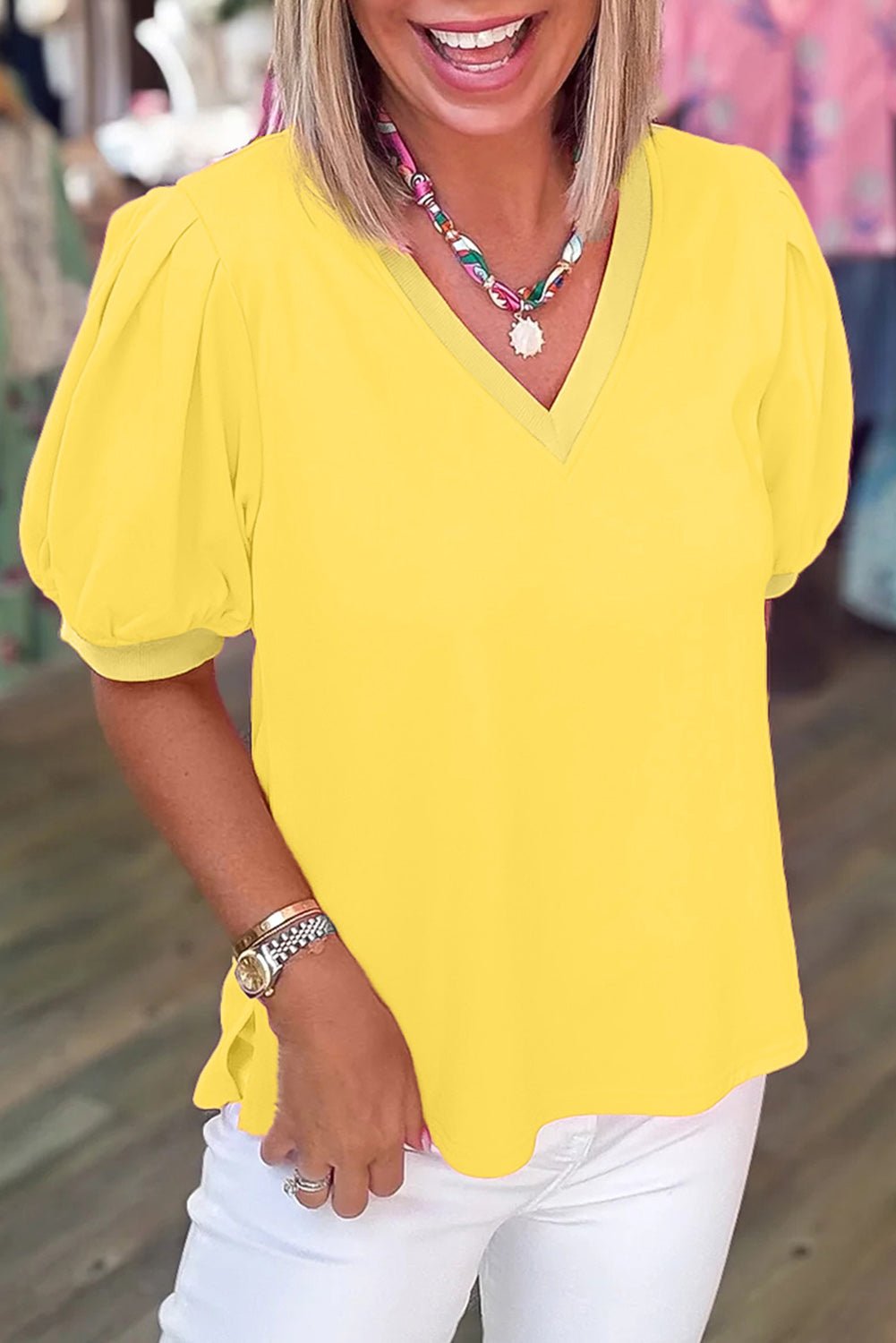 Solid V-Neck Short Puff Sleeve Blouse - Rooted & Reckless Co.