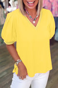 Solid V-Neck Short Puff Sleeve Blouse - Rooted & Reckless Co.