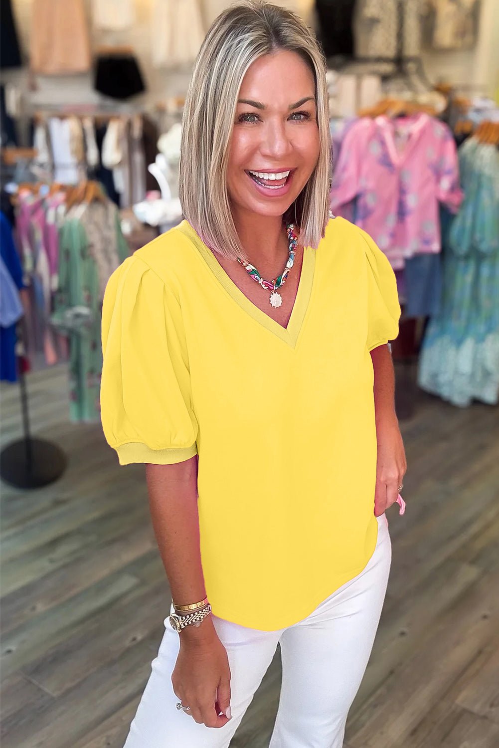 Solid V-Neck Short Puff Sleeve Blouse - Rooted & Reckless Co.