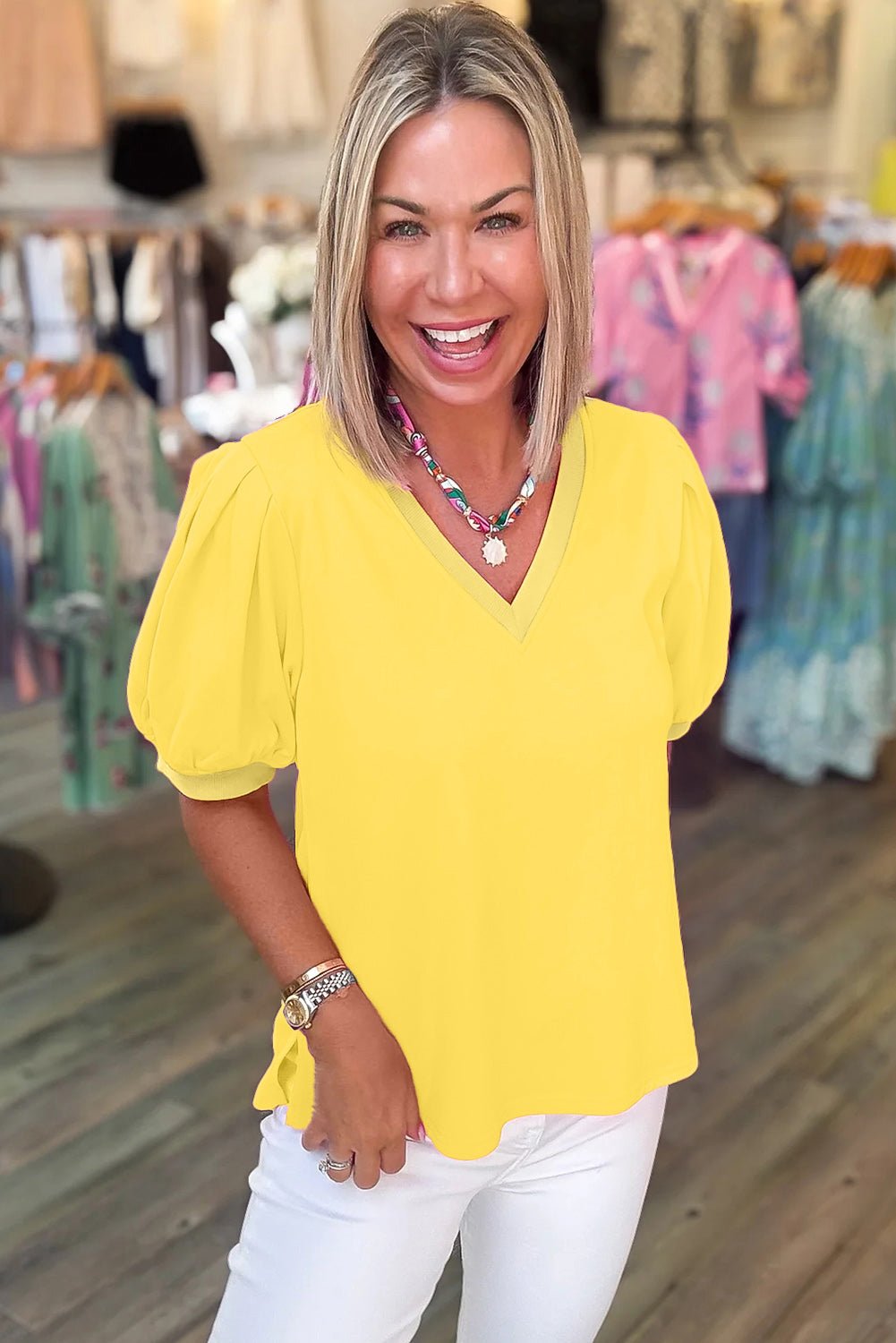 Solid V-Neck Short Puff Sleeve Blouse - Rooted & Reckless Co.