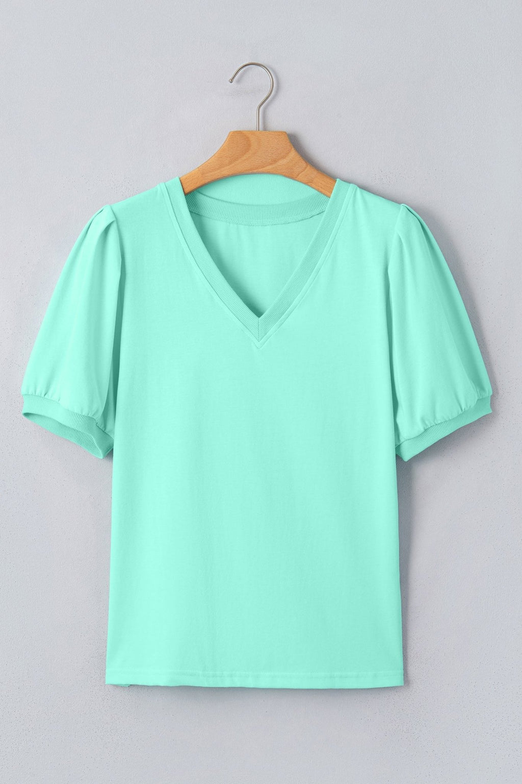 Solid V-Neck Short Puff Sleeve Blouse - Rooted & Reckless Co.