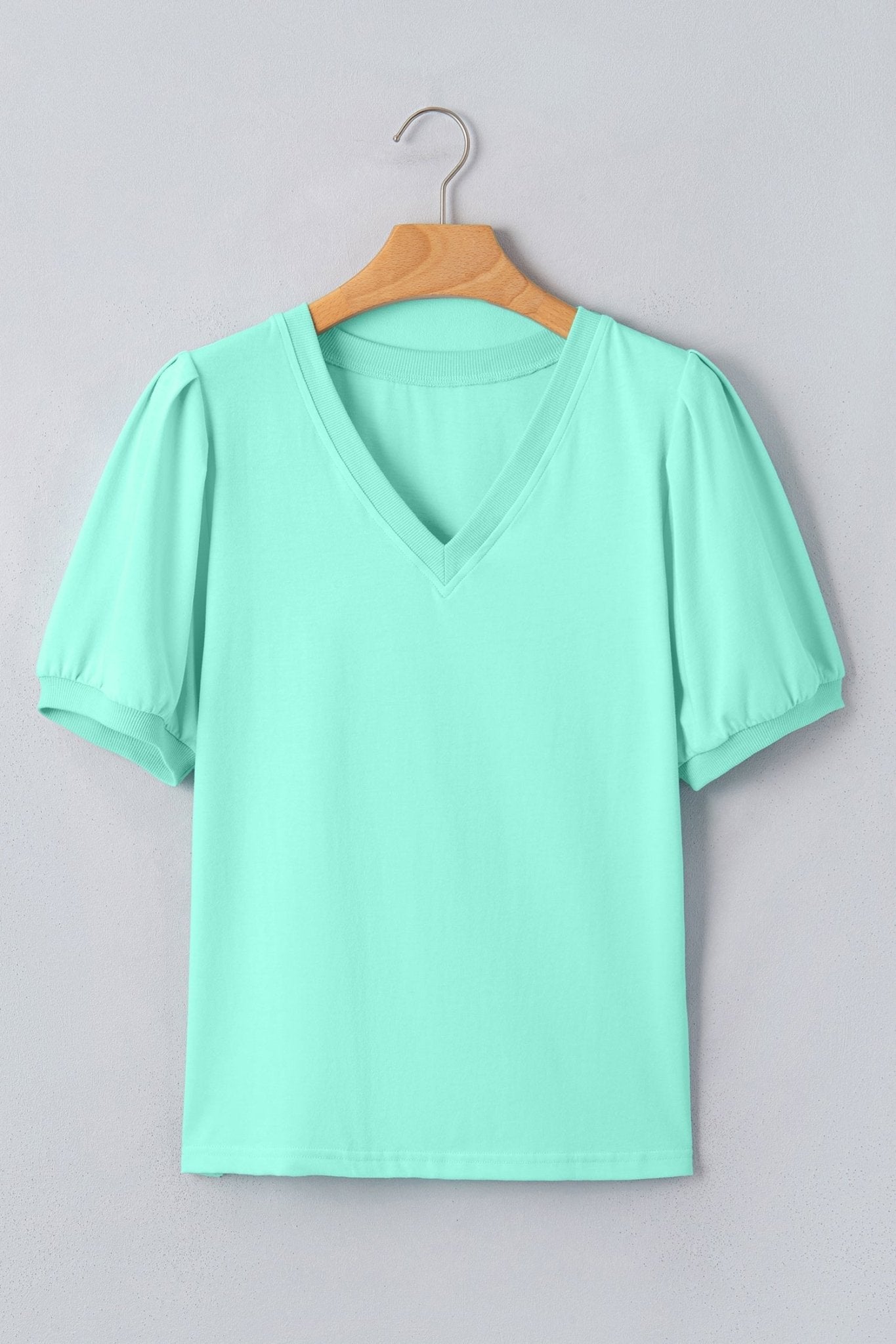 Solid V-Neck Short Puff Sleeve Blouse - Rooted & Reckless Co.