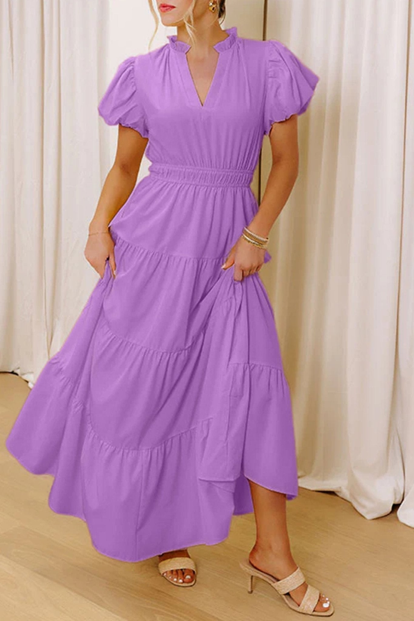 Solid V-Neck Short Puff Sleeve Tiered Maxi Dress - Rooted & Reckless Co.