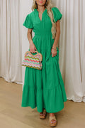 Solid V-Neck Short Puff Sleeve Tiered Maxi Dress - Rooted & Reckless Co.