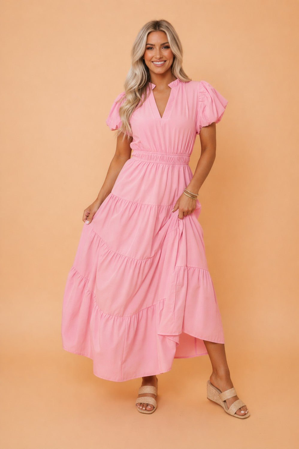 Solid V-Neck Short Puff Sleeve Tiered Maxi Dress - Rooted & Reckless Co.