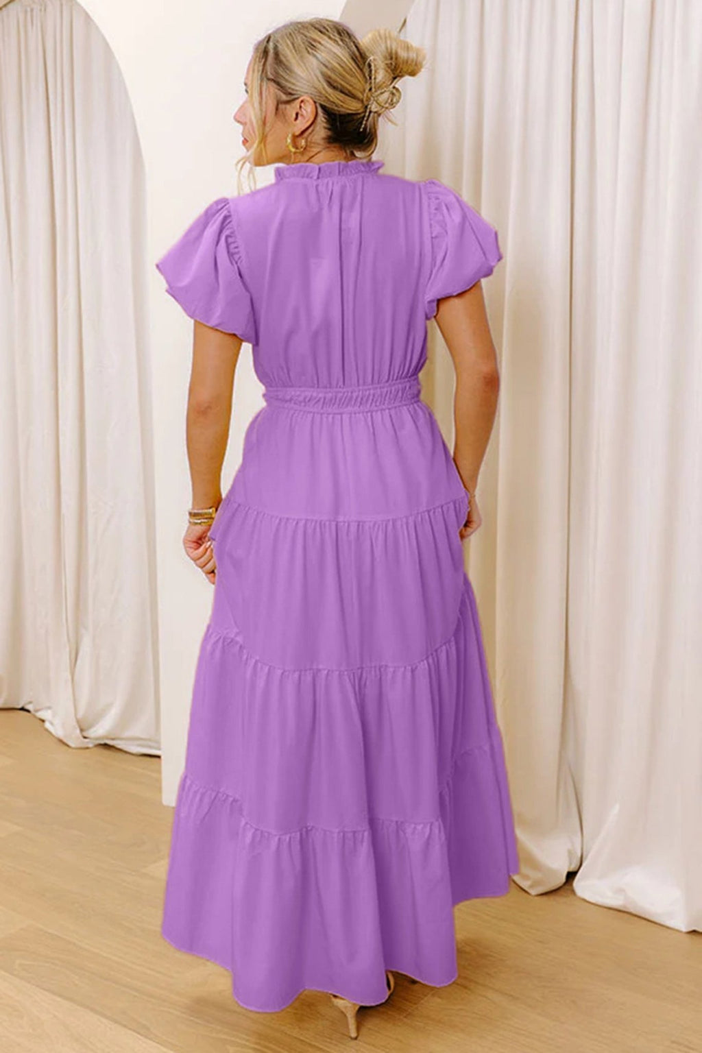 Solid V-Neck Short Puff Sleeve Tiered Maxi Dress - Rooted & Reckless Co.