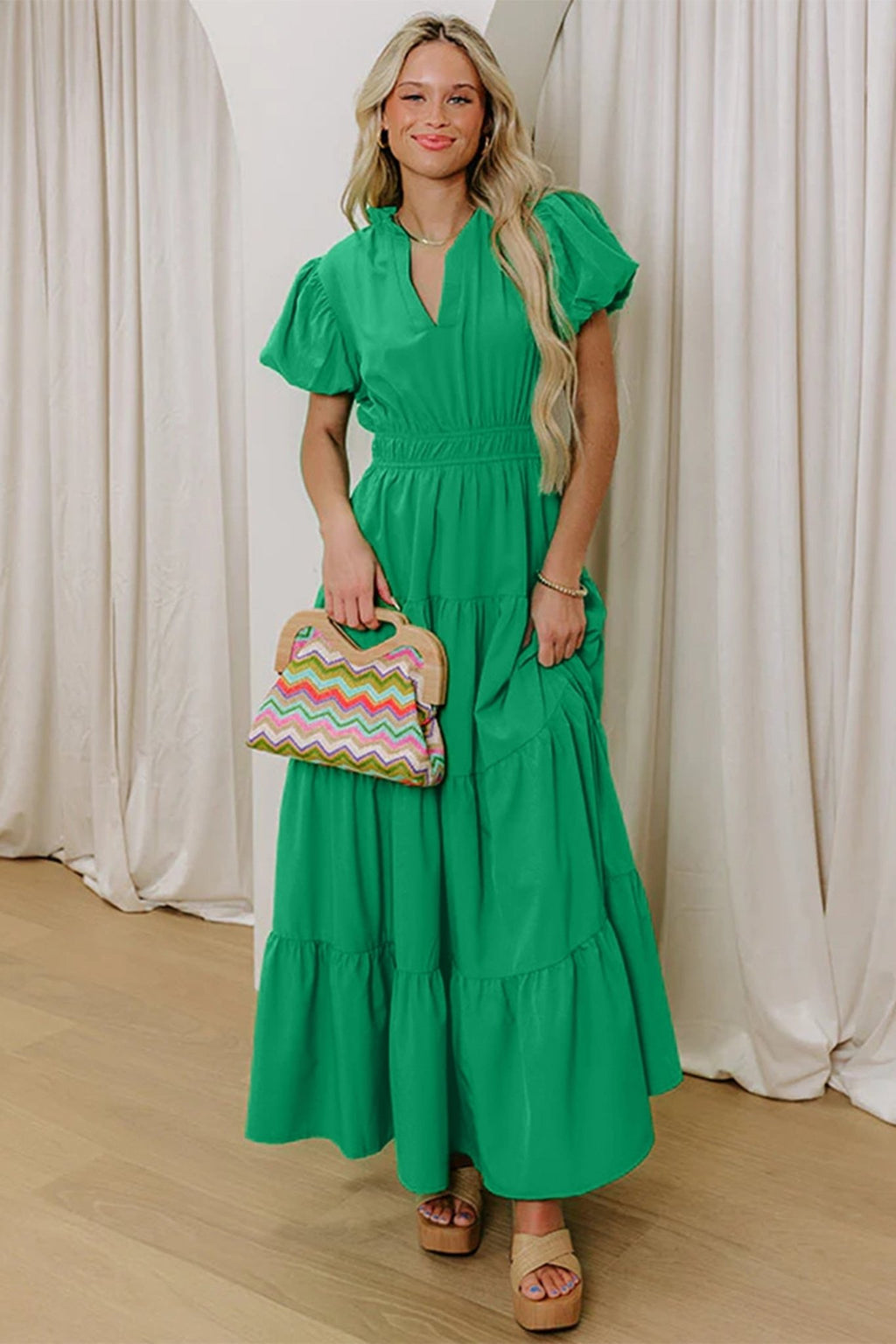 Solid V-Neck Short Puff Sleeve Tiered Maxi Dress - Rooted & Reckless Co.