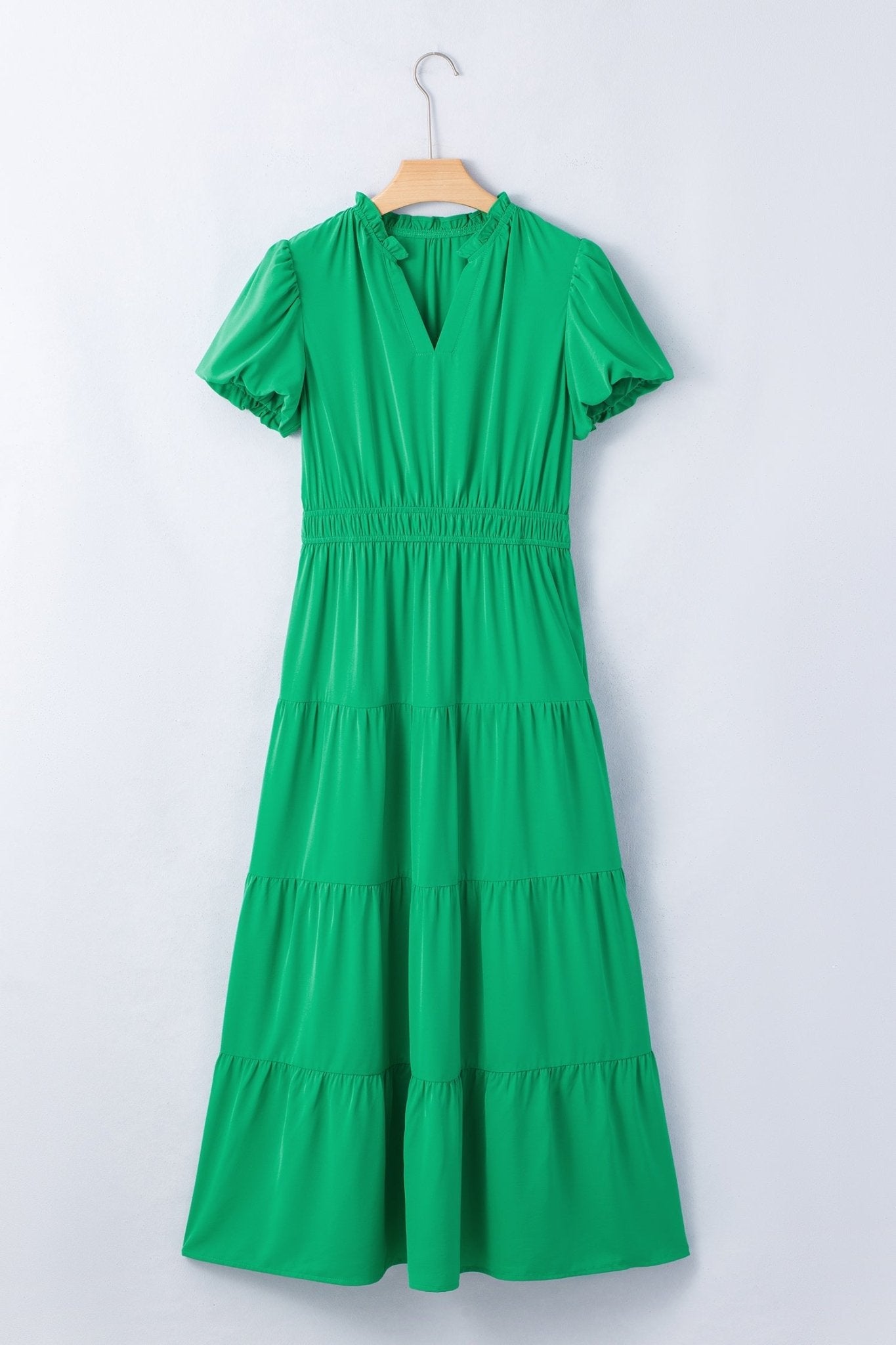 Solid V-Neck Short Puff Sleeve Tiered Maxi Dress - Rooted & Reckless Co.