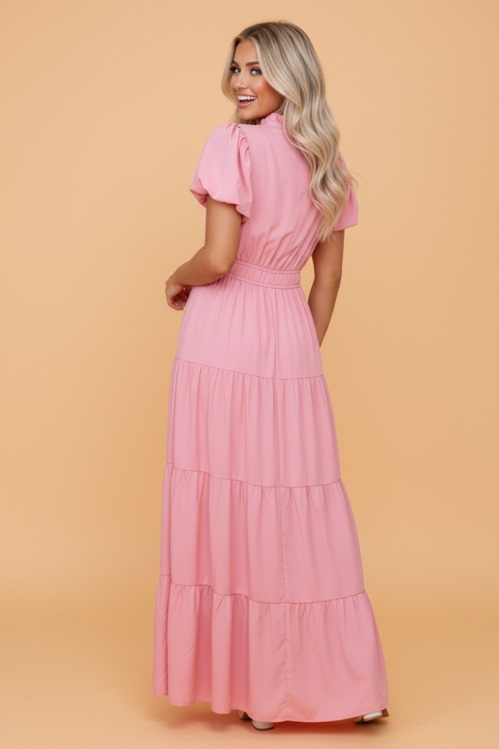 Solid V-Neck Short Puff Sleeve Tiered Maxi Dress - Rooted & Reckless Co.