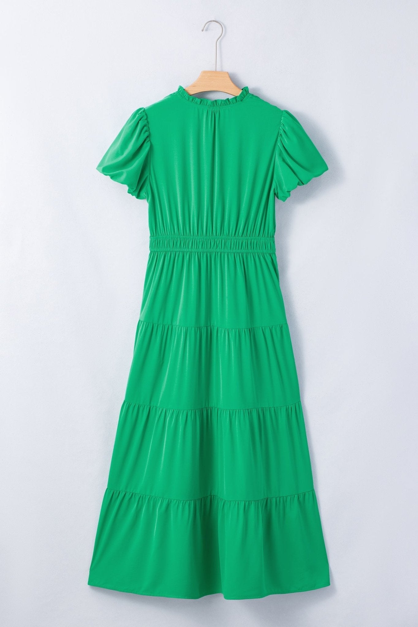 Solid V-Neck Short Puff Sleeve Tiered Maxi Dress - Rooted & Reckless Co.