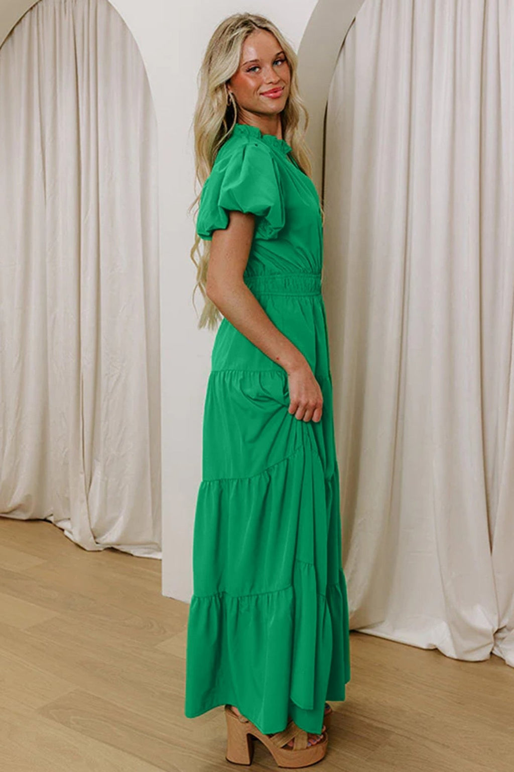 Solid V-Neck Short Puff Sleeve Tiered Maxi Dress - Rooted & Reckless Co.
