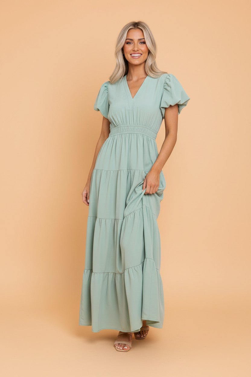 Solid V-Neck Short Puff Sleeve Tiered Maxi Dress - Rooted & Reckless Co.