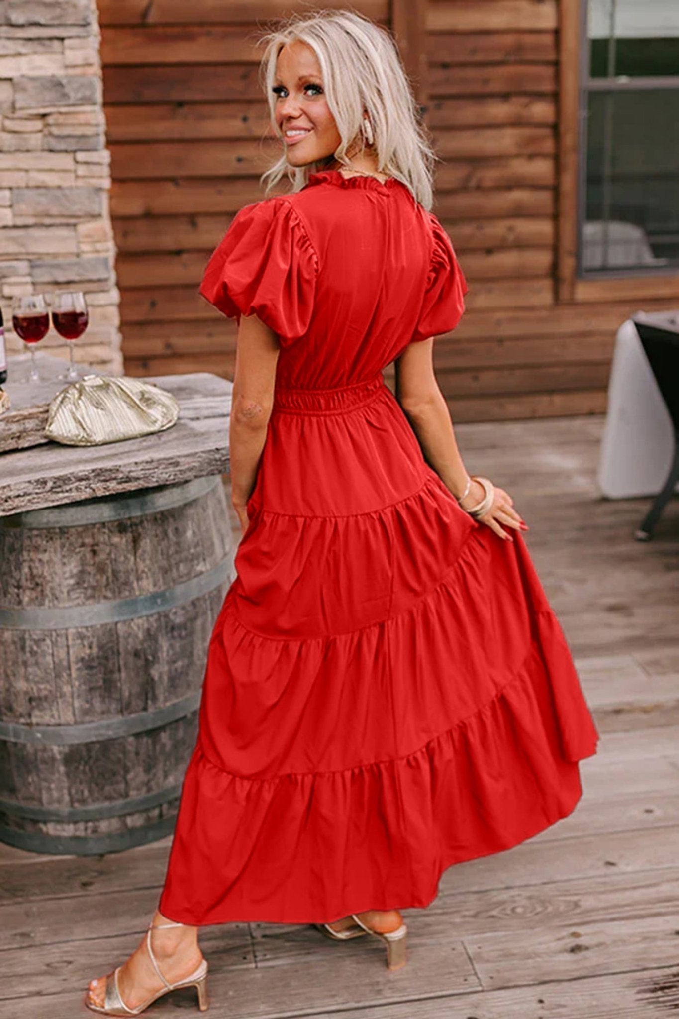 Solid V-Neck Short Puff Sleeve Tiered Maxi Dress - Rooted & Reckless Co.