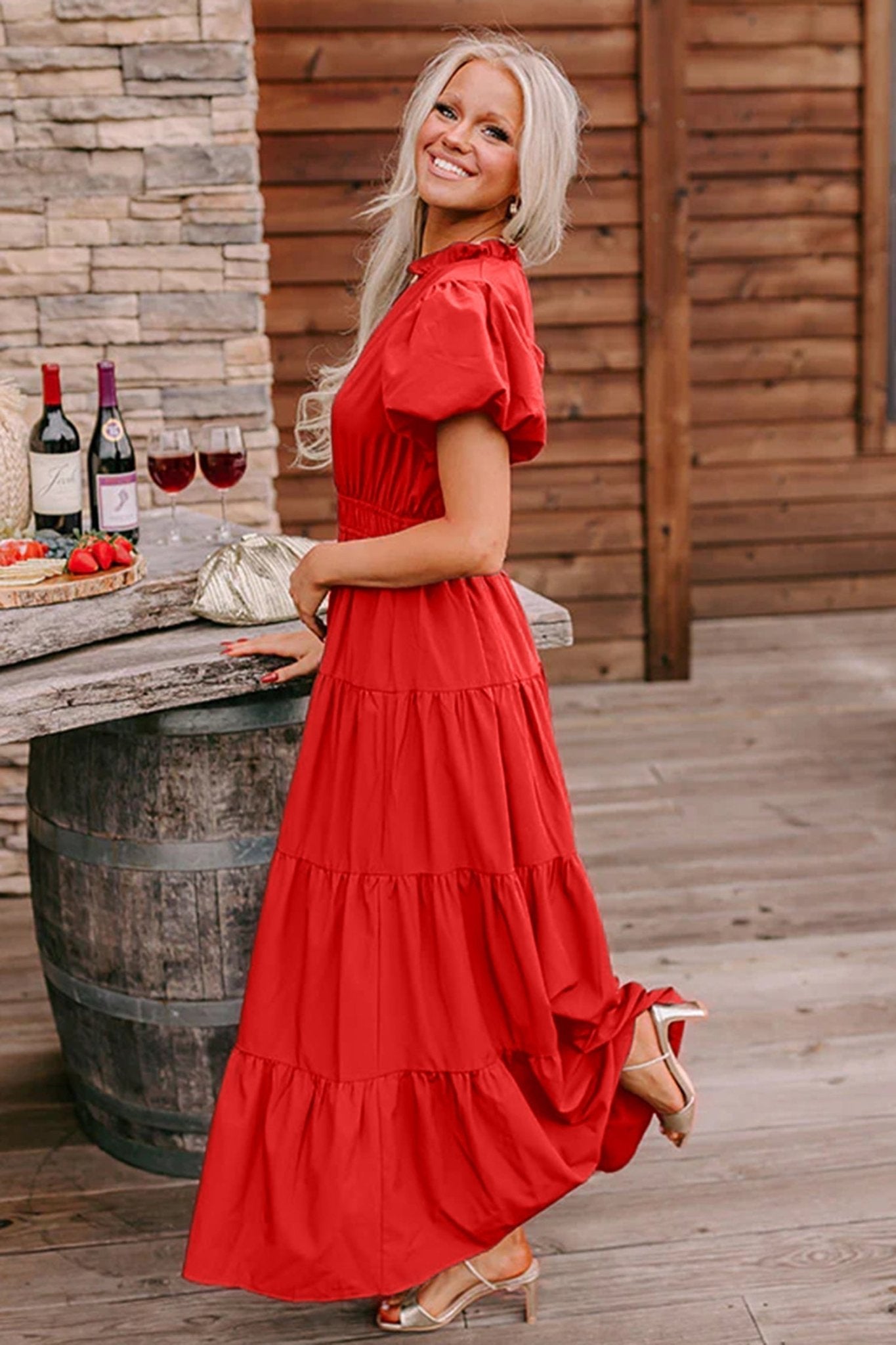 Solid V-Neck Short Puff Sleeve Tiered Maxi Dress - Rooted & Reckless Co.