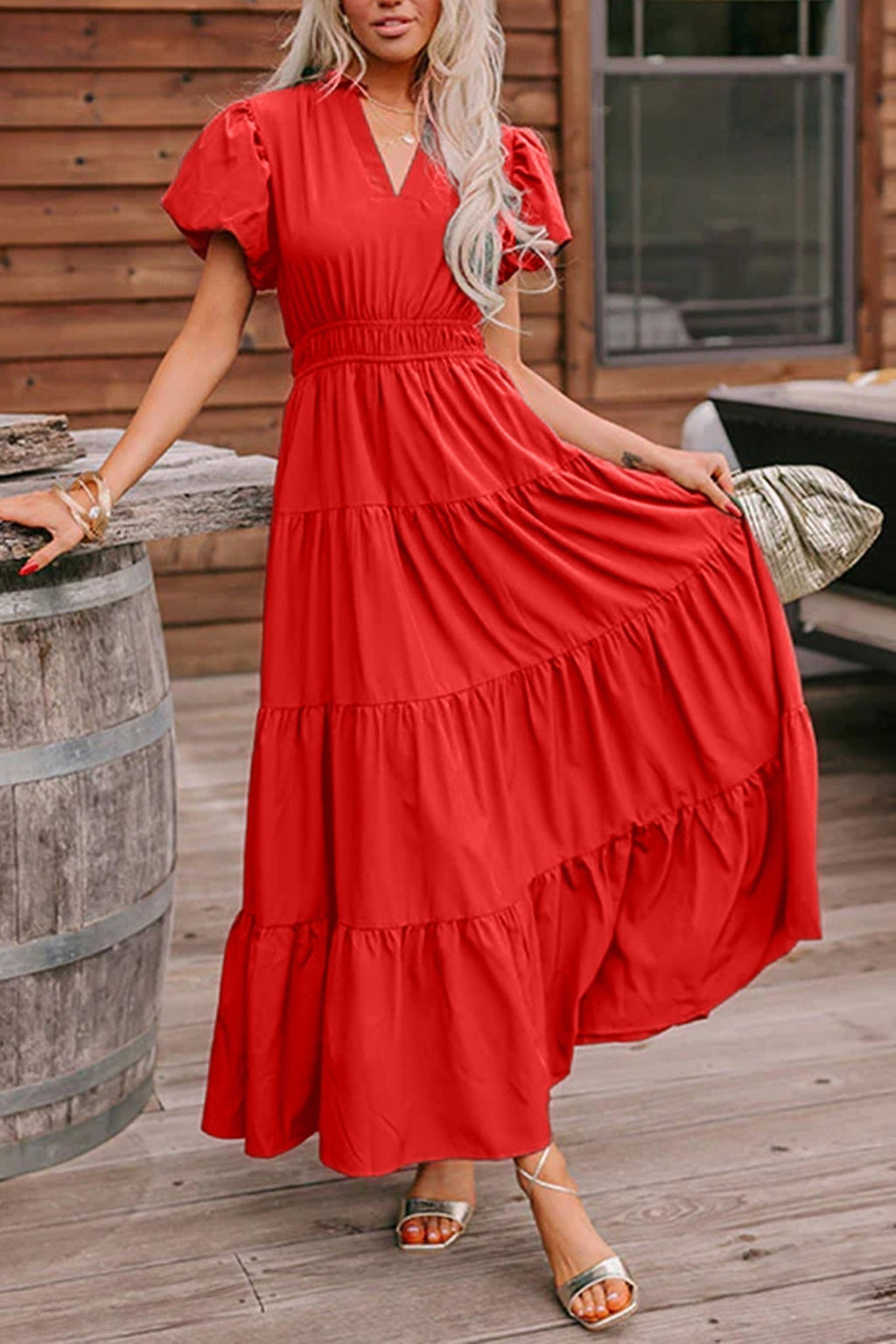 Solid V-Neck Short Puff Sleeve Tiered Maxi Dress - Rooted & Reckless Co.