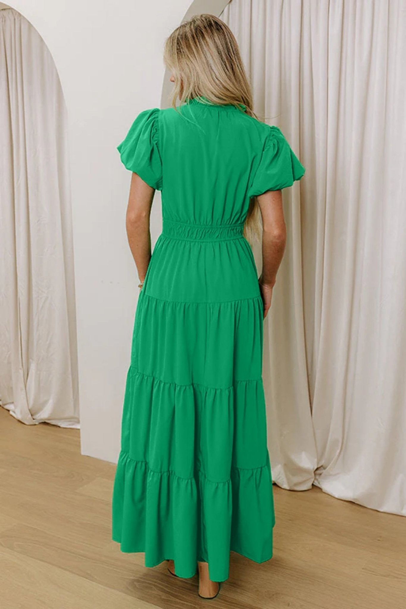 Solid V-Neck Short Puff Sleeve Tiered Maxi Dress - Rooted & Reckless Co.
