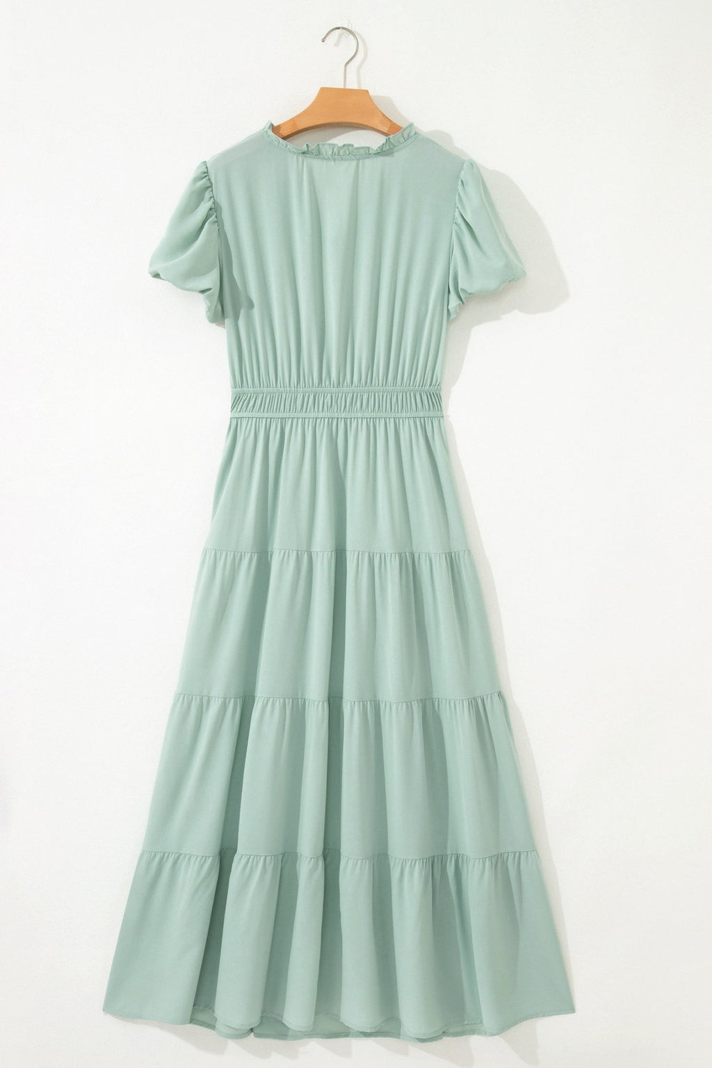 Solid V-Neck Short Puff Sleeve Tiered Maxi Dress - Rooted & Reckless Co.