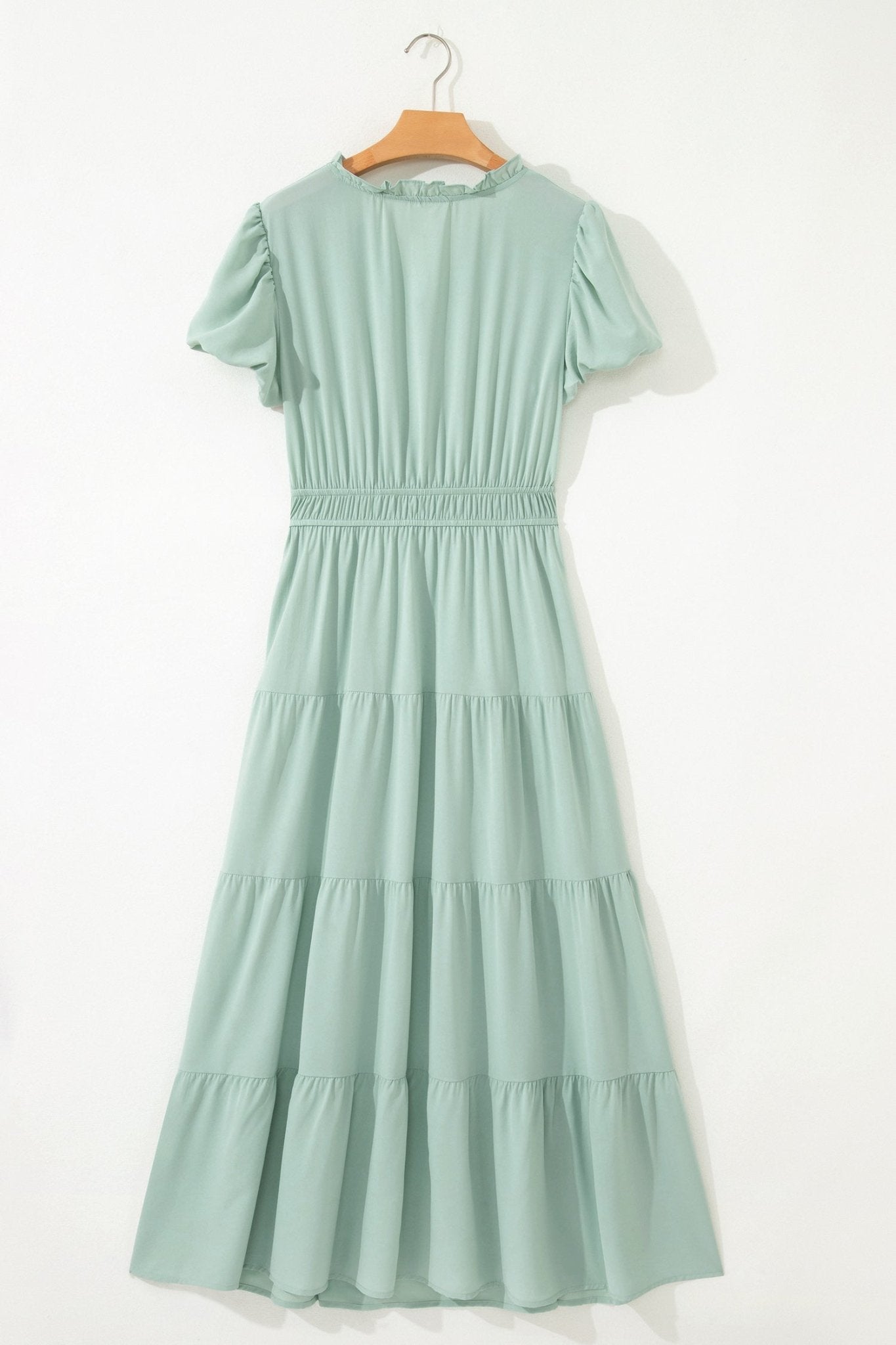 Solid V-Neck Short Puff Sleeve Tiered Maxi Dress - Rooted & Reckless Co.