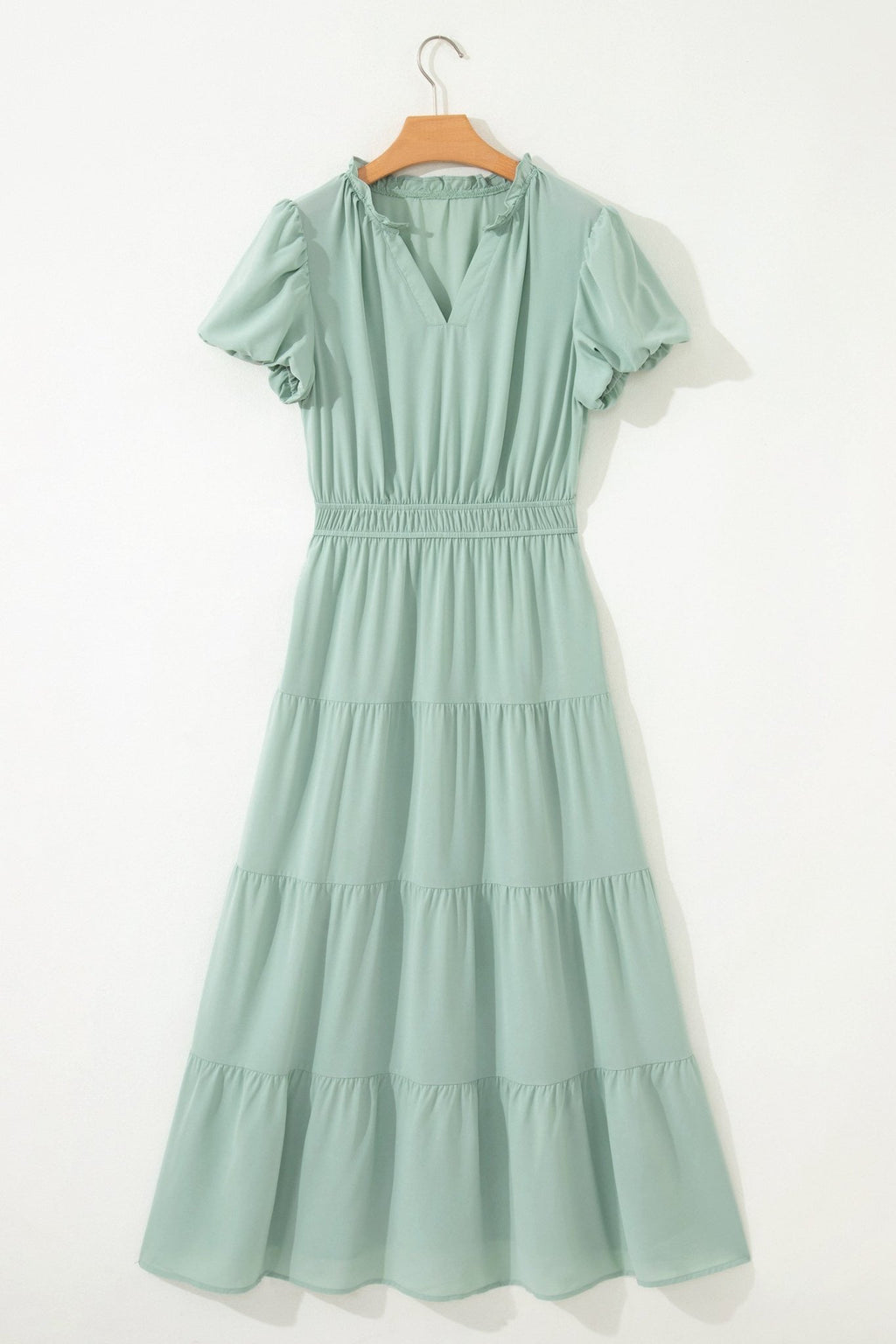 Solid V-Neck Short Puff Sleeve Tiered Maxi Dress - Rooted & Reckless Co.
