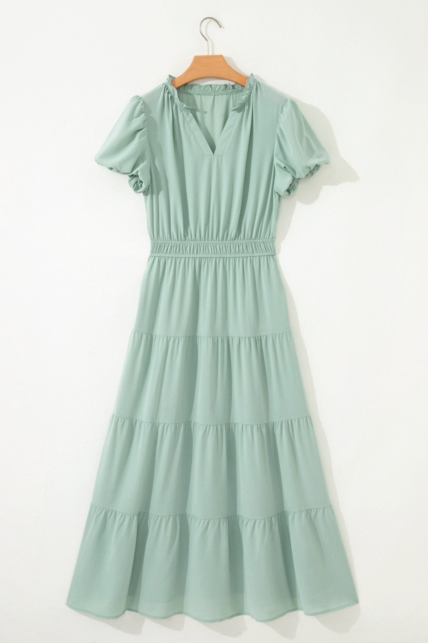 Solid V-Neck Short Puff Sleeve Tiered Maxi Dress - Rooted & Reckless Co.