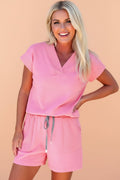Solid V-Neck Short Sleeve Top & Drawstring Shorts Set - Rooted & Reckless Co.