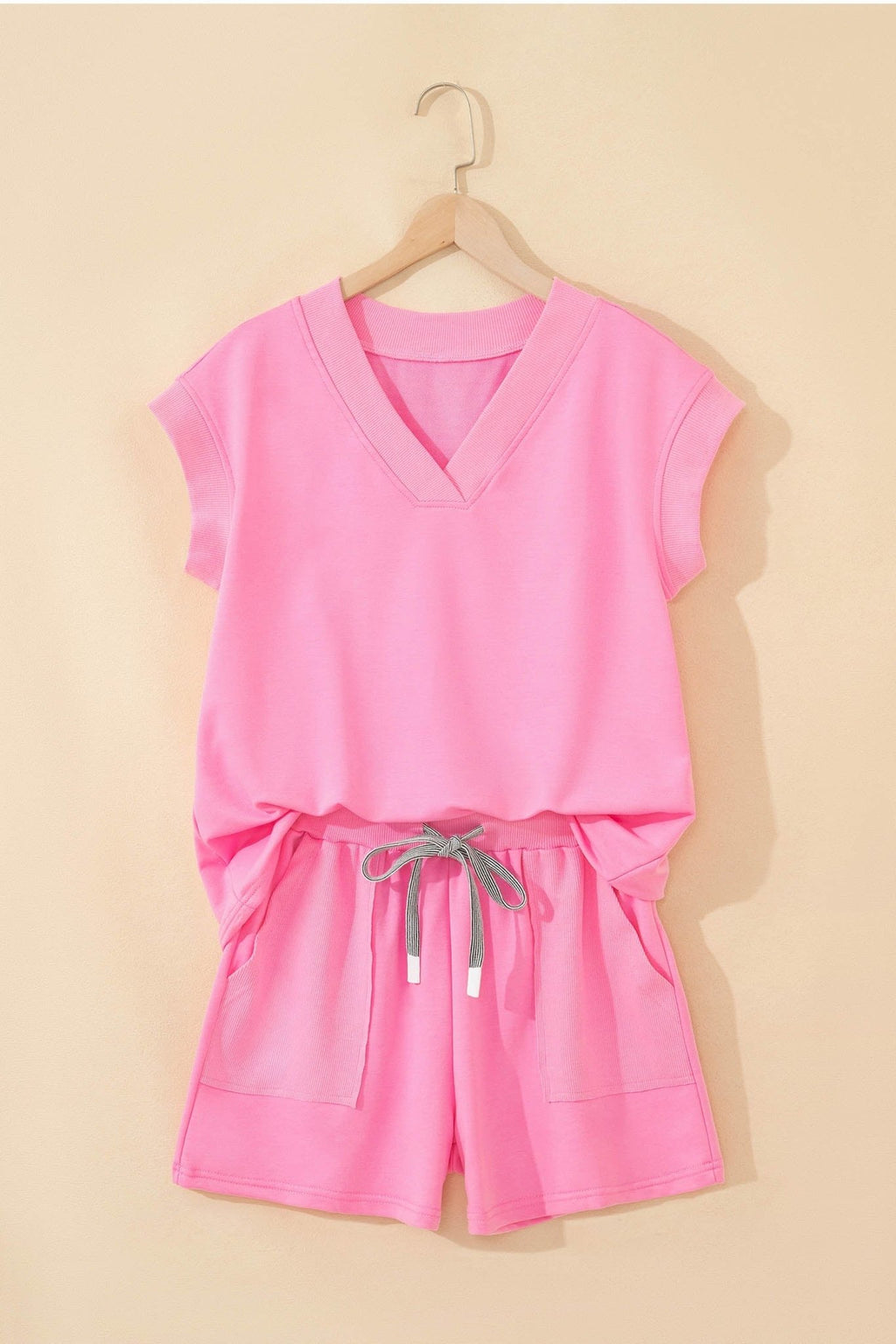 Solid V-Neck Short Sleeve Top & Drawstring Shorts Set - Rooted & Reckless Co.