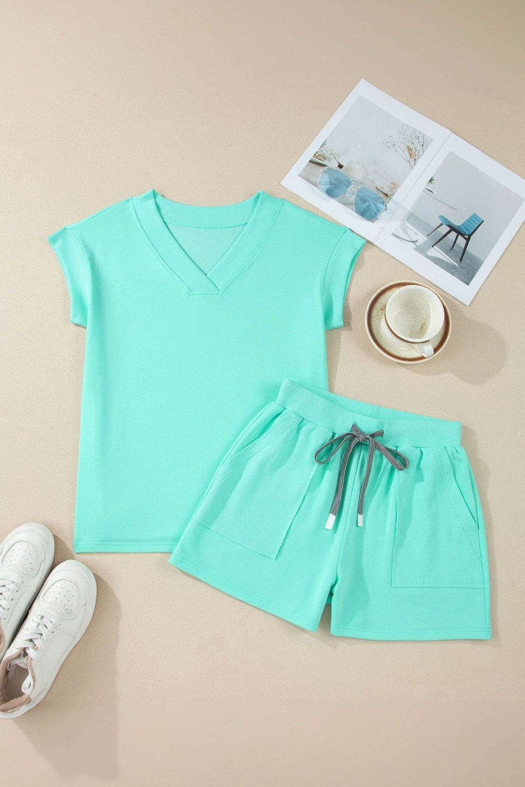 Solid V-Neck Short Sleeve Top & Drawstring Shorts Set - Rooted & Reckless Co.
