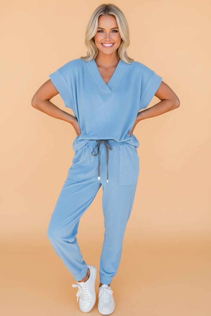 Solid V-Neck Tee & Drawstring Pants Set - Rooted & Reckless Co.