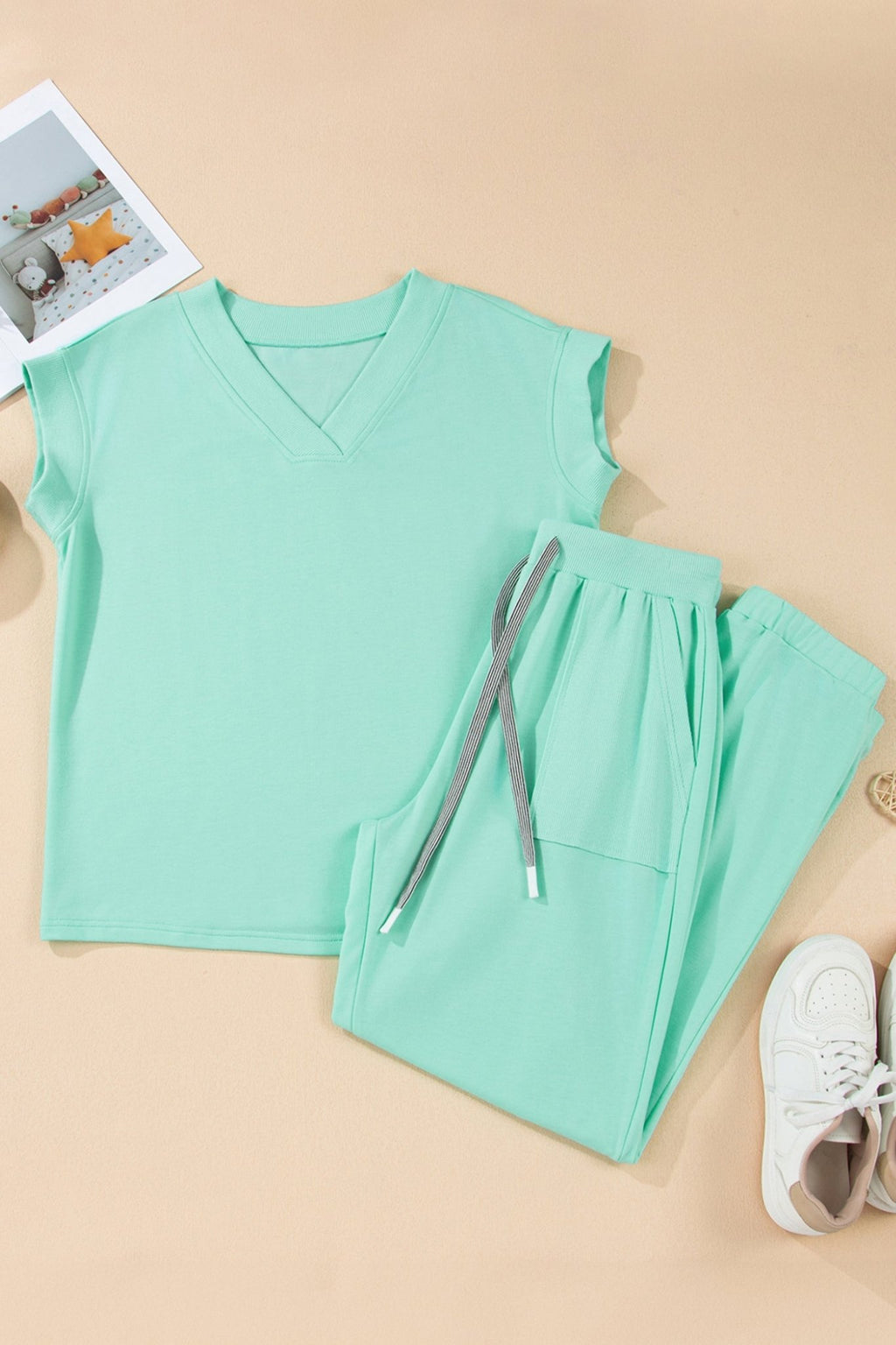Solid V-Neck Tee & Drawstring Pants Set - Rooted & Reckless Co.
