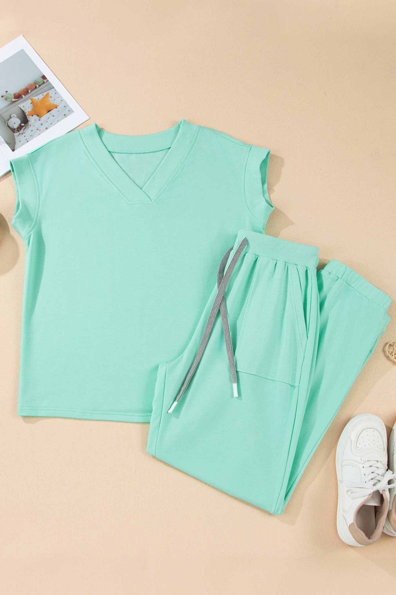 Solid V-Neck Tee & Drawstring Pants Set - Rooted & Reckless Co.
