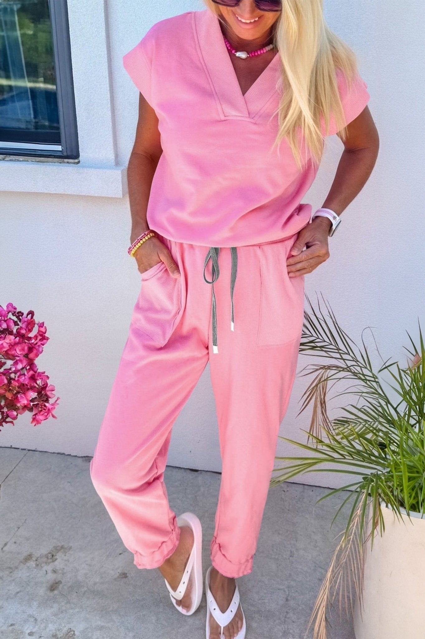 Solid V-Neck Tee & Drawstring Pants Set - Rooted & Reckless Co.