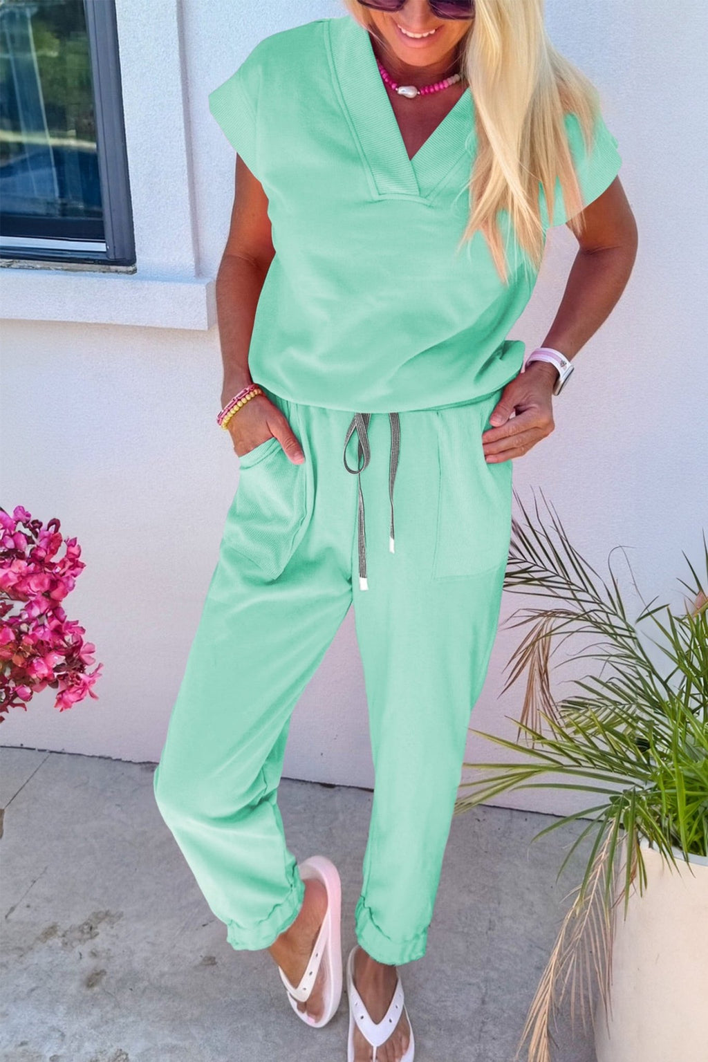 Solid V-Neck Tee & Drawstring Pants Set - Rooted & Reckless Co.