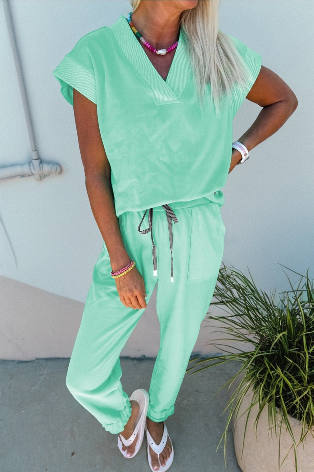 Solid V-Neck Tee & Drawstring Pants Set - Rooted & Reckless Co.