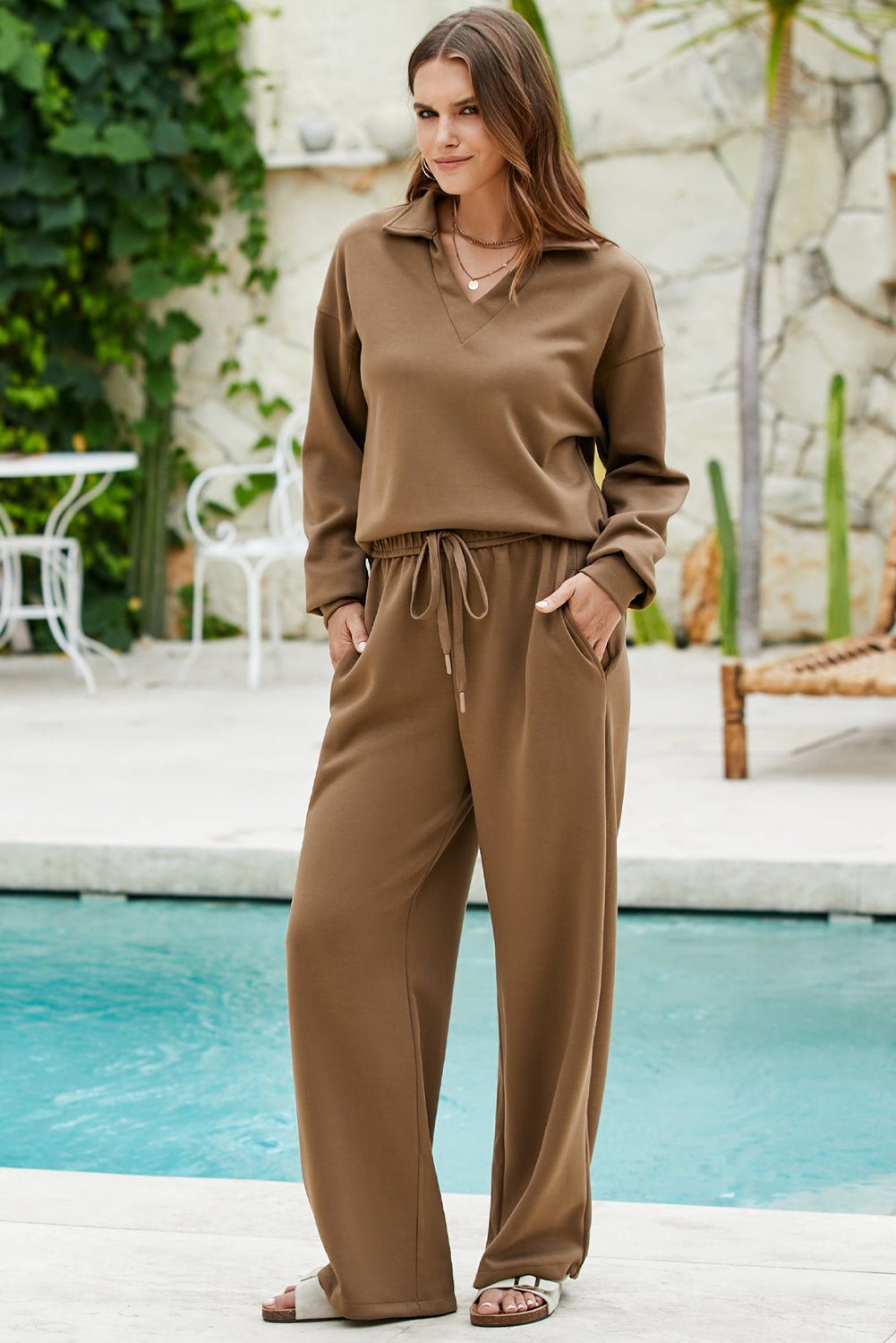 Solid V-Neck Top and High Waist Pants Set - Rooted & Reckless Co.