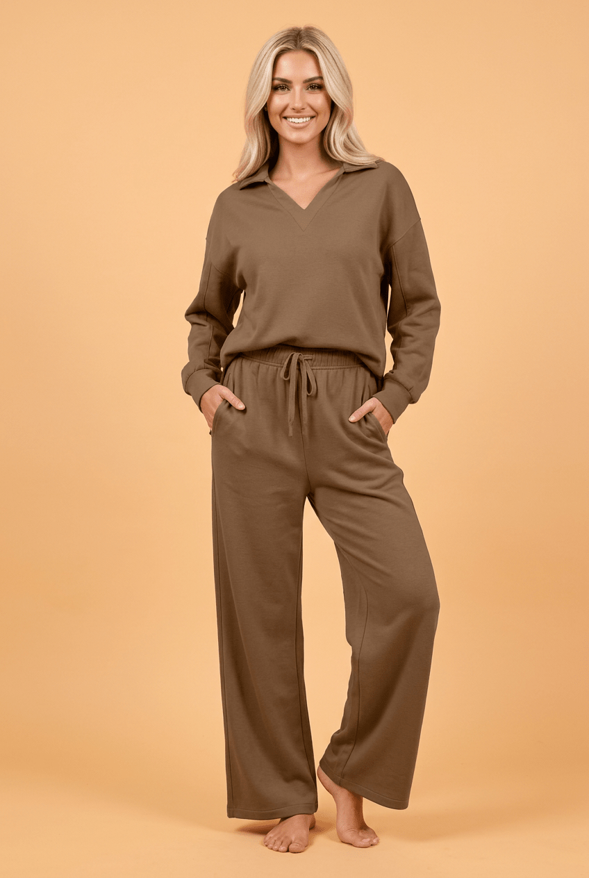 Solid V-Neck Top & High Waist Pants Set - Rooted & Reckless Co.
