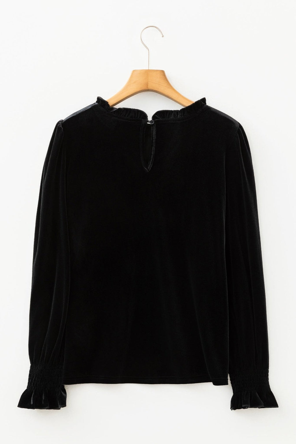 Solid Velvet Frilled Collar Smocked Puff Sleeve Blouse - Rooted & Reckless Co.