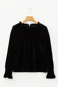 Solid Velvet Frilled Collar Smocked Puff Sleeve Blouse - Rooted & Reckless Co.