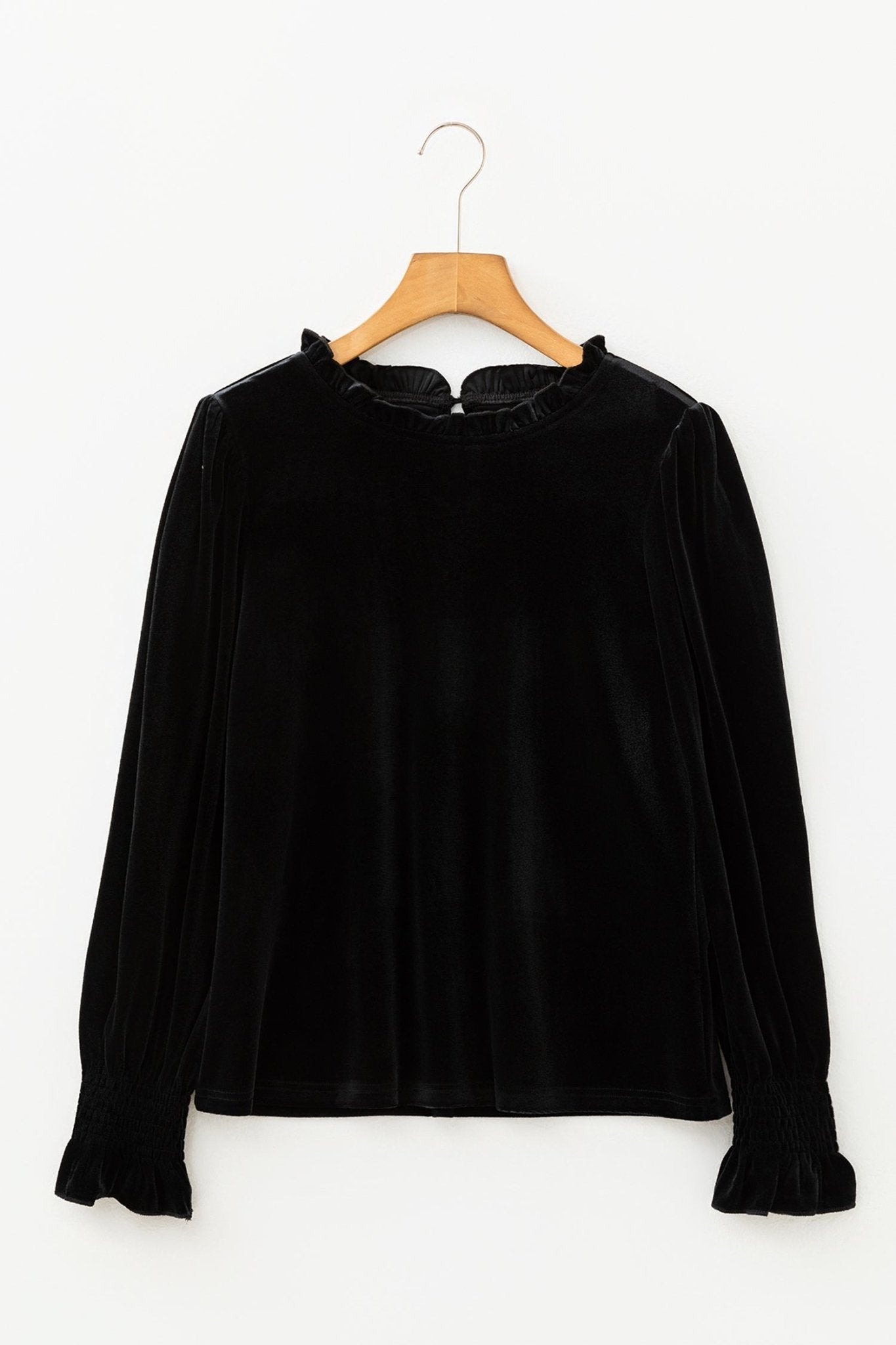 Solid Velvet Frilled Collar Smocked Puff Sleeve Blouse - Rooted & Reckless Co.