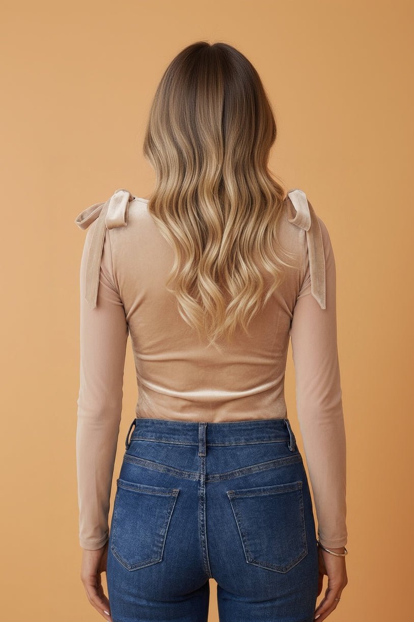 Solid Velvet Knot Square Neck Long Sleeve Bodysuit - Rooted & Reckless Co.