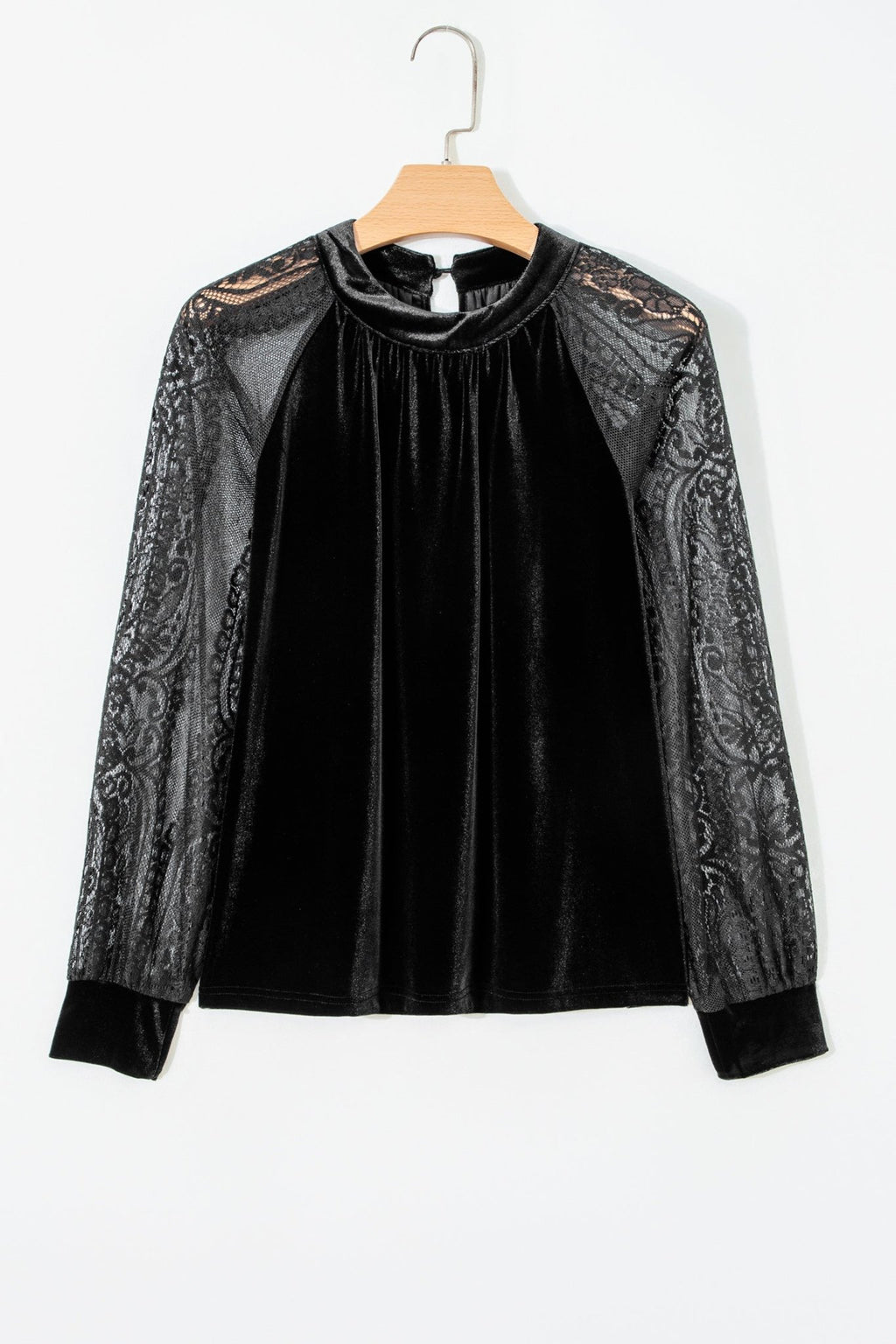 Solid Velvet Patchwork Sheer Lace Long Sleeve Blouse - Rooted & Reckless Co.