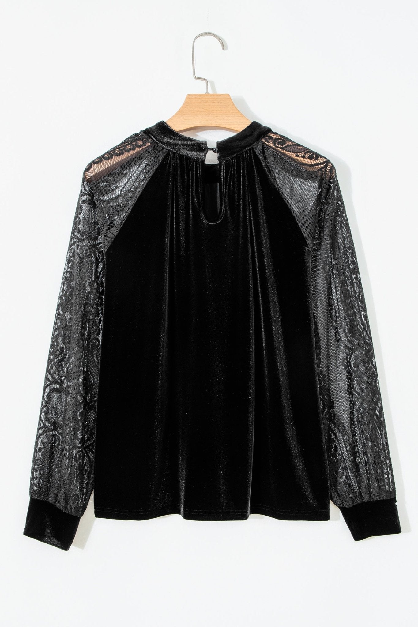 Solid Velvet Patchwork Sheer Lace Long Sleeve Blouse - Rooted & Reckless Co.