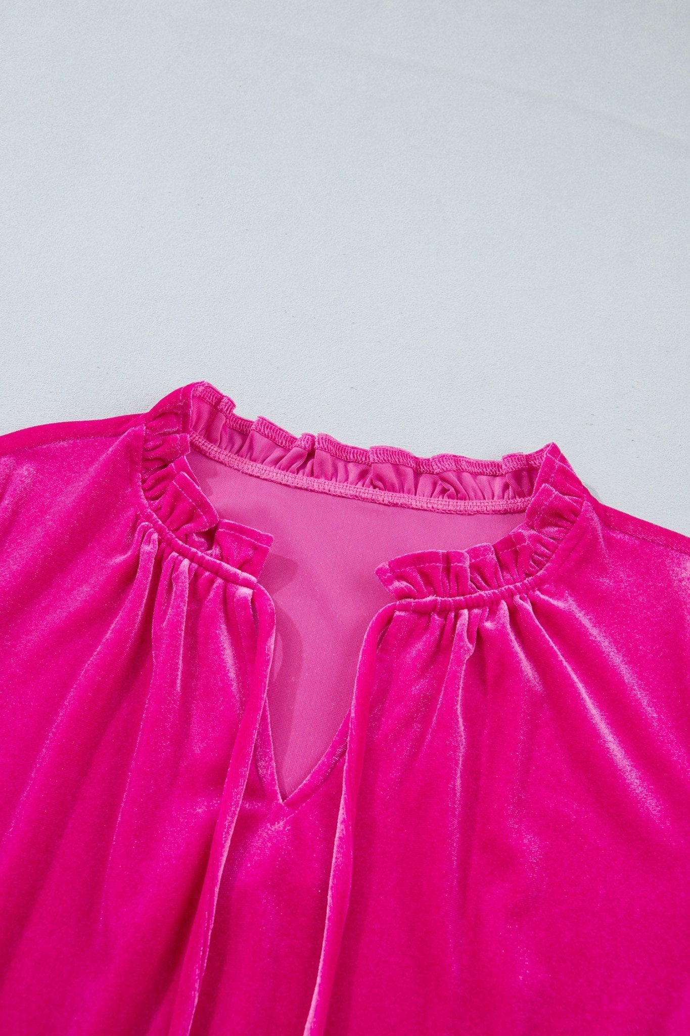 Solid Velvet V-Neck Ruffle Cuff Long Sleeve Top - Rooted & Reckless Co.