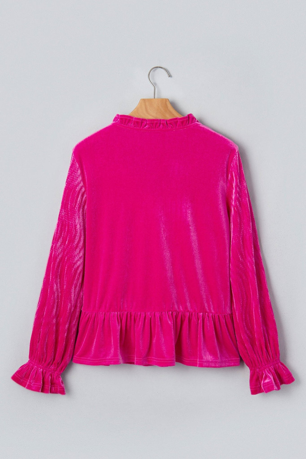 Solid Velvet V-Neck Ruffle Cuff Long Sleeve Top - Rooted & Reckless Co.