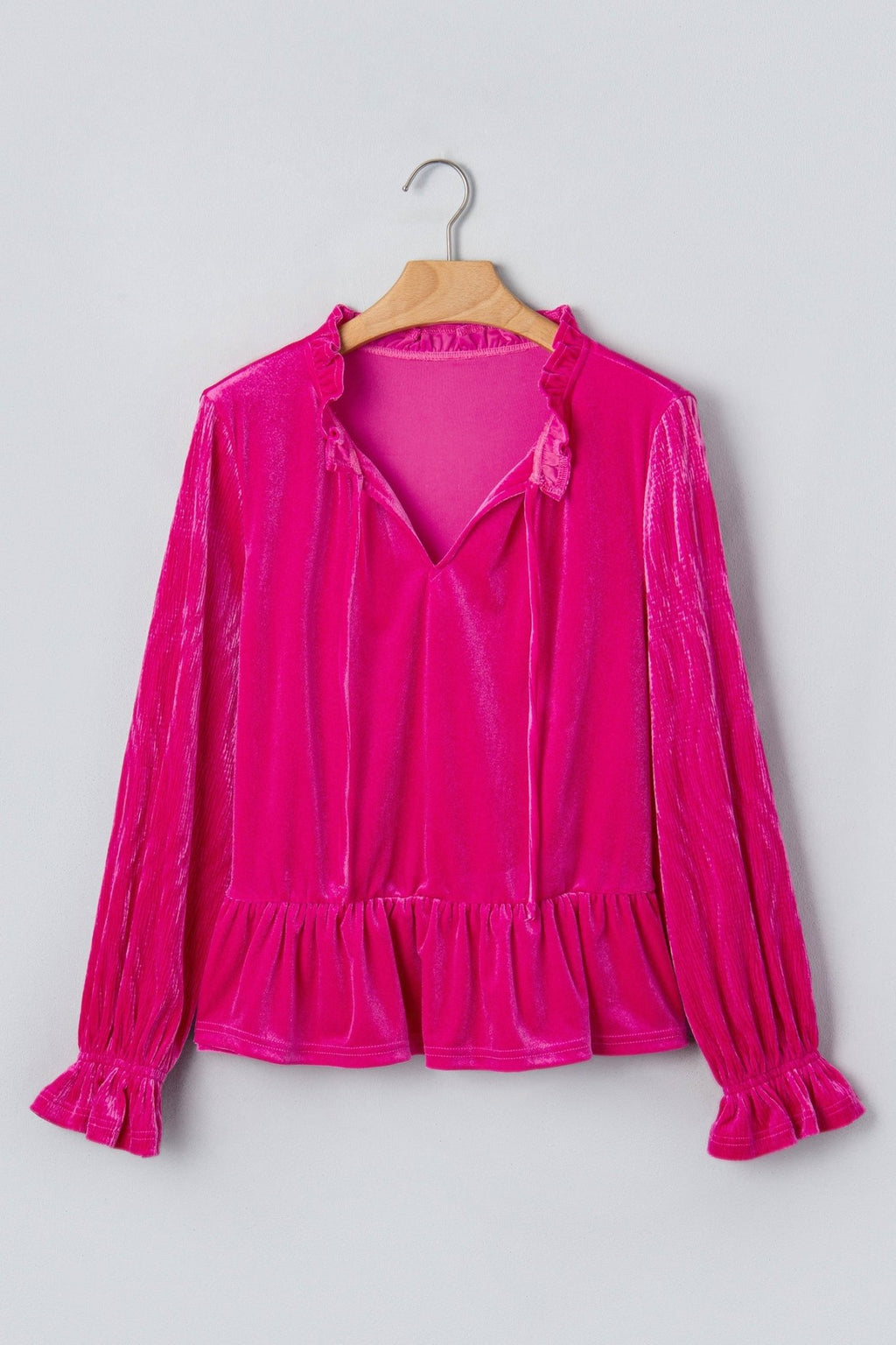 Solid Velvet V-Neck Ruffle Cuff Long Sleeve Top - Rooted & Reckless Co.