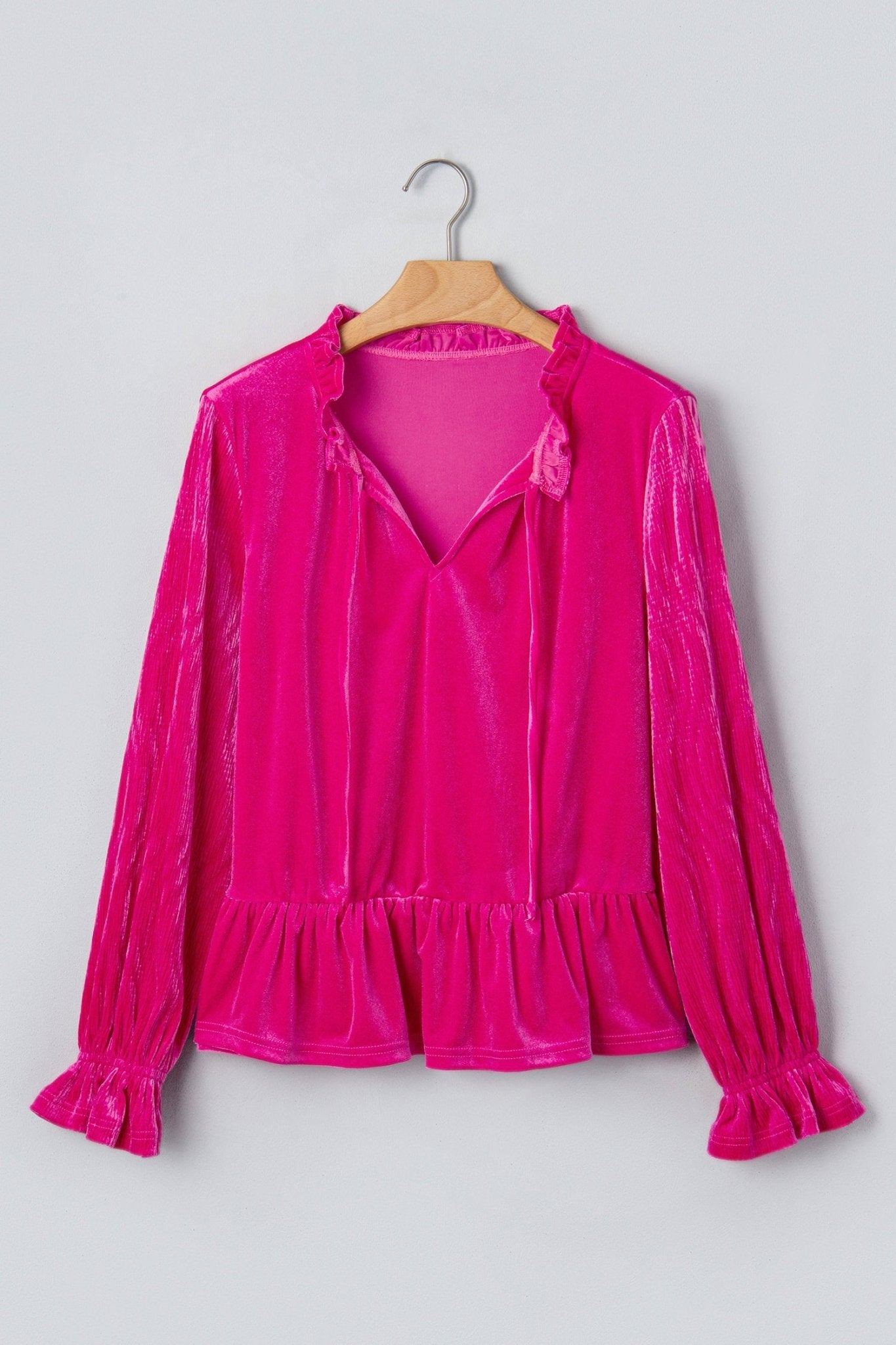 Solid Velvet V-Neck Ruffle Cuff Long Sleeve Top - Rooted & Reckless Co.