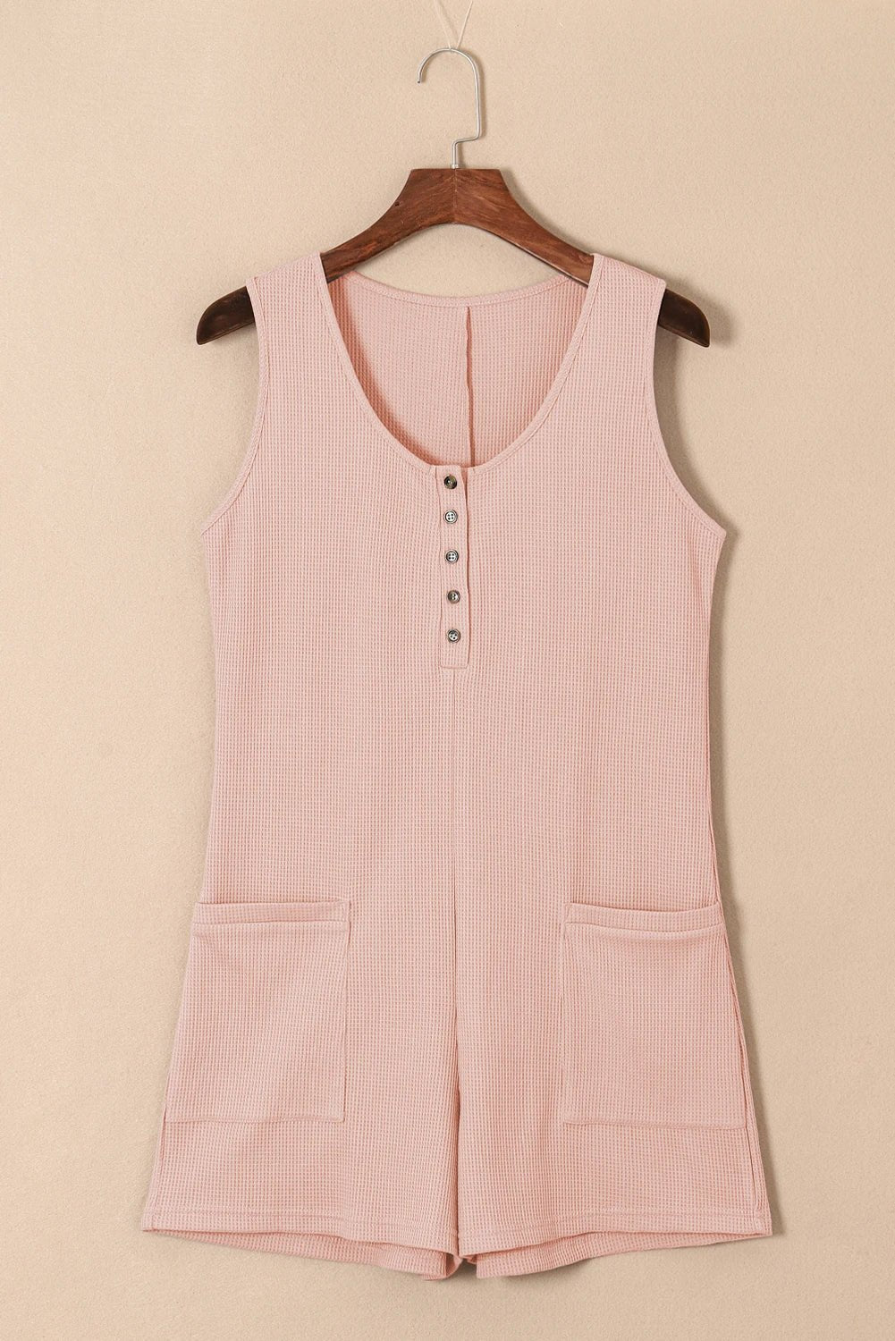 Solid Waffle Buttoned Scoop Neck Sleeveless Romper - Rooted & Reckless Co.