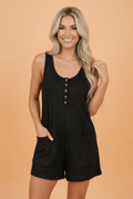 Solid Waffle Buttoned Scoop Neck Sleeveless Romper - Rooted & Reckless Co.