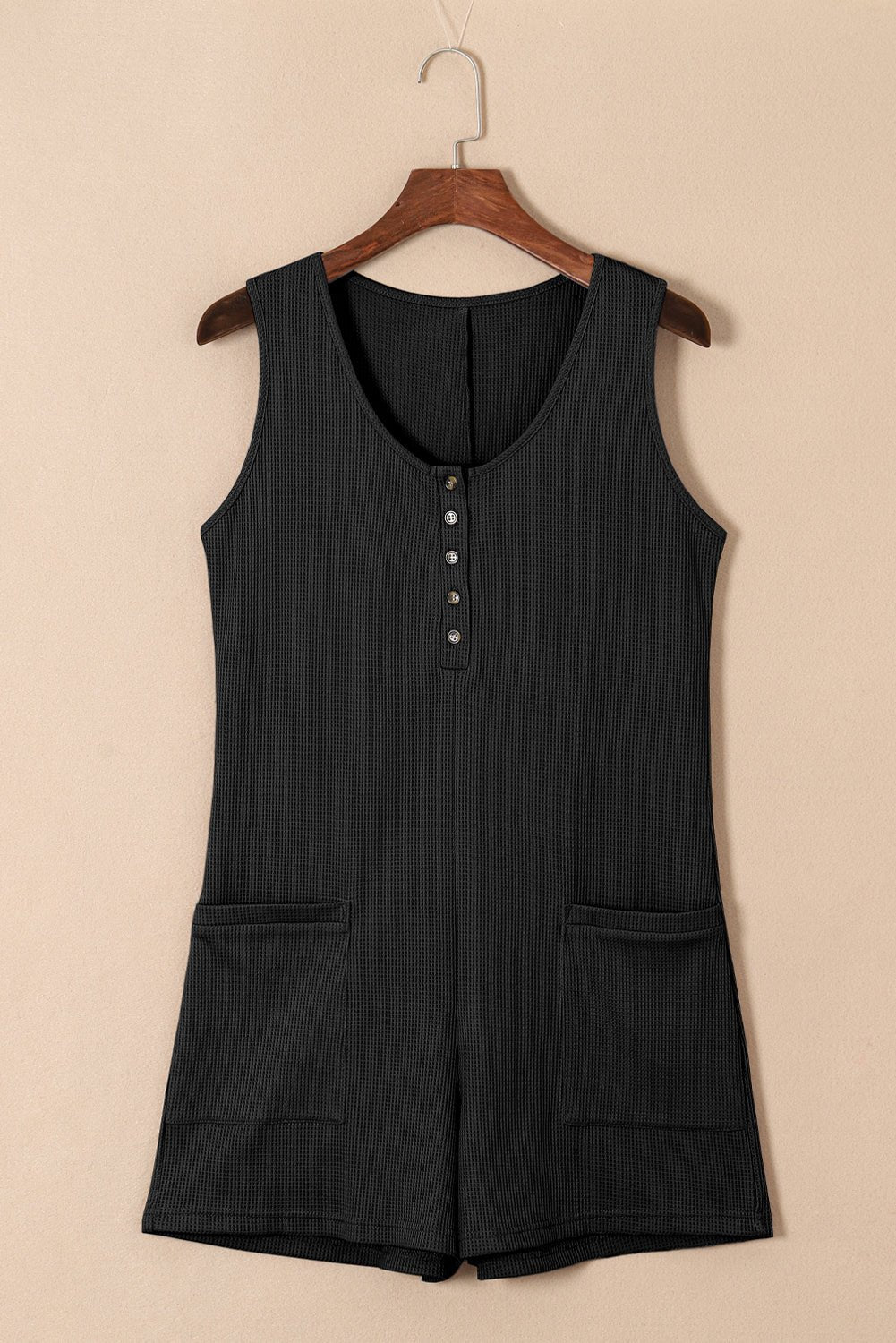 Solid Waffle Buttoned Scoop Neck Sleeveless Romper - Rooted & Reckless Co.
