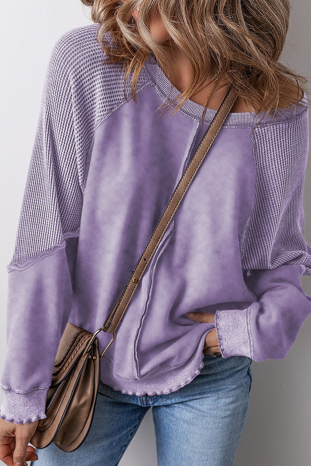 Solid Waffle Knit Patchwork Raglan Sleeve Sweatshirt - Rooted & Reckless Co.